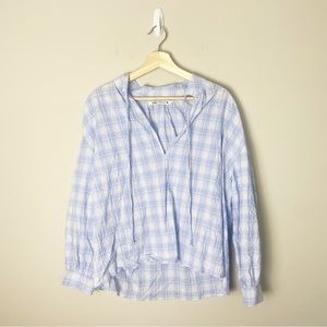 Zara Light Blue and White Plaid V-Neck Blouse
